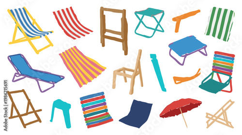Collection of colorful beach chairs and accessories for outdoor relaxation and summer holidays