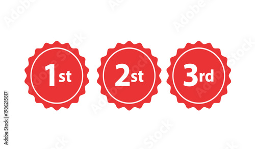 First second and third place red ribbons with numbers displayed clearly