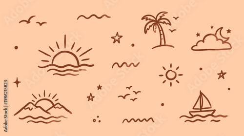 Hand drawn doodle icons of nature elements like sun, mountains, palm tree, sailboat, birds and moon for summer vacation and travel concepts