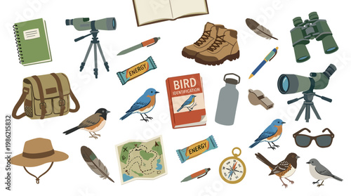 Birdwatching adventure gear and equipment laid out flat for an outdoor nature exploration and wildlife observation hobby