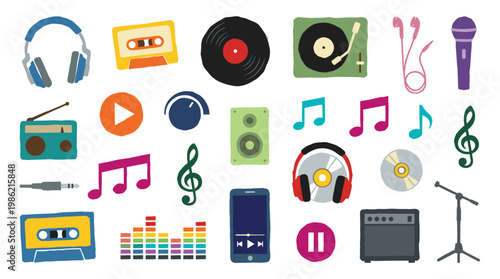 Collection of musical instruments and audio equipment icons and symbols for music production and entertainment