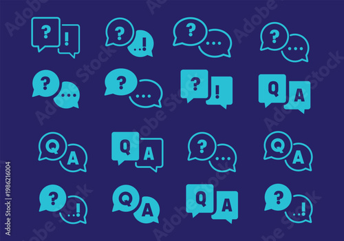 Question and answer icon set. Chat, speak bubble, Q and A, ask, support, dialog, help center symbol on white background - stock vector.