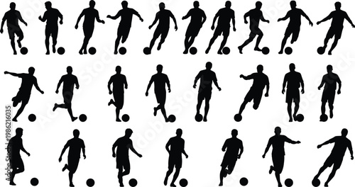 Collection of silhouette soccer players in dynamic poses isolated on transparent background perfect for sports graphics and designs