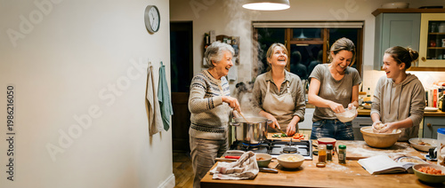 Joyful multi-generational family of women laughing and cooking a meal together in a warm, cozy home kitchen with ample copy space.