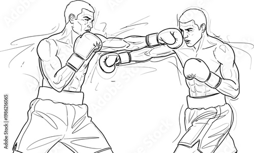 Dynamic sketch of two male boxers in mid fight isolated on transparent background showcasing athletic prowess and competitive spirit