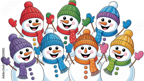 Colorful cartoon snowmen family enjoying winter fun together Vector