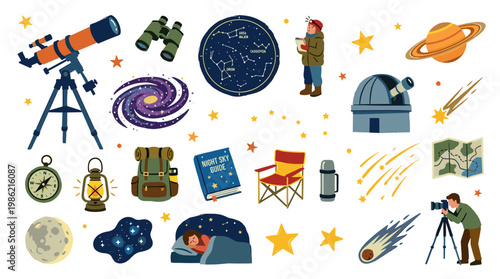 Astronomy hobby illustration with telescope, binoculars, constellations, planets, and camping gear for stargazing and night sky observation