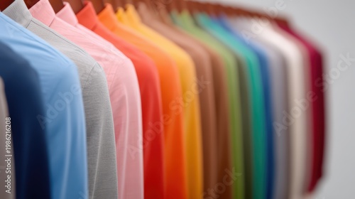 Social justice visual concept, A colorful array of shirts neatly hung on a clothing rack, showcasing a gradient from blue to red hues.