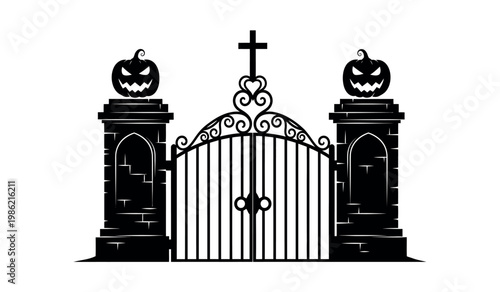 Spooky halloween cemetery gate with jack o' lanterns and intricate black ironwork design