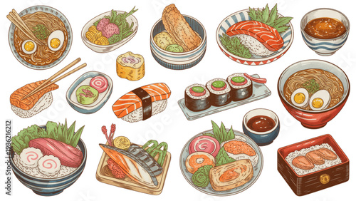 Colorful assortment of circular pastries with various fillings and toppings Vector