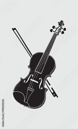 An antique wooden violin with a classic bow and musical notes rests as an isolated string instrument for an orchestra concert