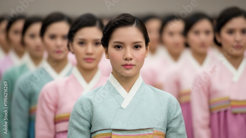 Social justice visual concept, A group of women dressed in traditional Korean hanbok, standing in formation with one woman prominently in front, all showing calm, focused expressions.