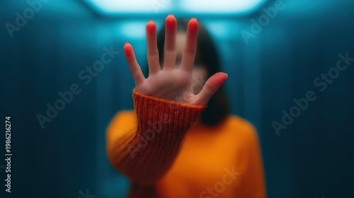 Social justice visual concept, A person in an orange sweater holds up their hand towards the camera, obscuring their face in a dimly lit setting with blue tones.