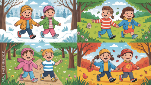 Children enjoying outdoor activities in a playful and colorful setting Vector