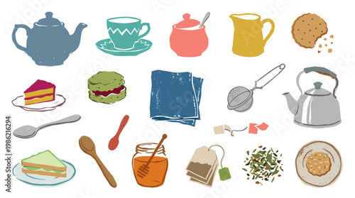 Charming collection of tea time elements including teapot cups sugar pot creamer scone cake sandwich cookies and honey jar perfect for cafe or bakery promotions