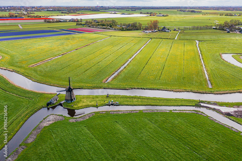 A bird's-eye view of a landscape in North Holland with a typical windmill.