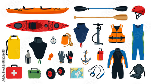 Kayaking and water sports equipment collection flat lay illustration for adventure and outdoor recreation activities