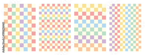 Pastel checker mosaic pattern set with soft geometric square tiles. Colorful grid layouts for background, textile, and surface decoration. Clean abstract vector collection for branding, packaging, and
