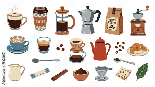Collection of coffee making equipment and beverages in a charming flat illustration style perfect for cafe menus and culinary blogs
