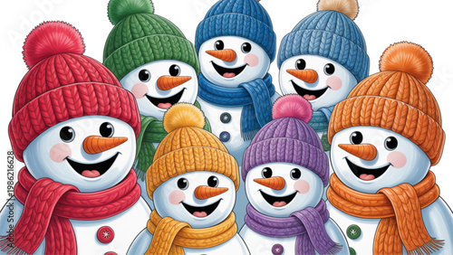 Cheerful group of six smiling cartoon snowmen with colorful scarves and hats Vector