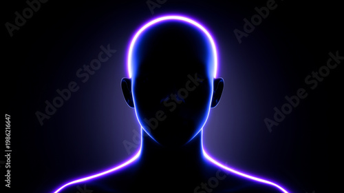 Abstract human silhouette with neon glowing outline on dark background, representing digital identity, technology and futuristic concept.