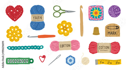 Crochet craft supplies and handmade items collection for hobbyists and crafters, including yarn balls, hooks, needles, and fabric squares