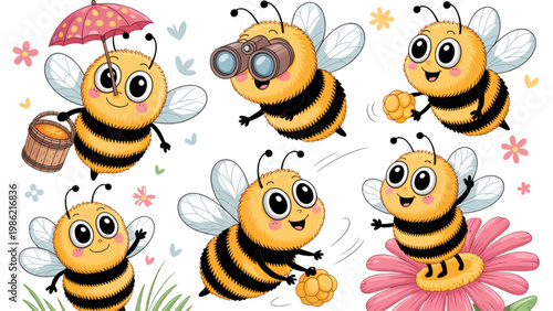Colorful cartoon bees buzzing around cheerful flowers in a playful scene Vector