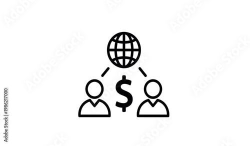 Global business transactions people money and worldwide connections illustrated in line art