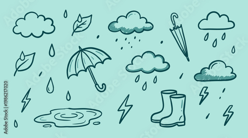 Hand drawn doodle set of rain elements including clouds umbrellas boots puddles leaves and lightning bolts on a light blue background
