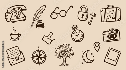 Vintage travel and communication icons hand drawn sketch style on beige background for creative projects and nostalgic themes