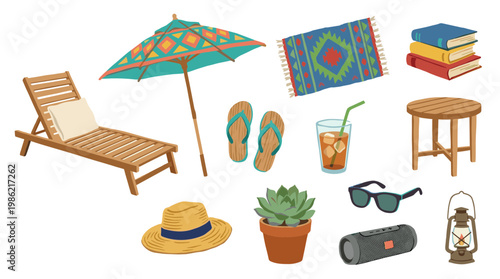 Summer vacation essentials laid out on white background including beach chair umbrella flip flops drink books sunglasses plant and lantern