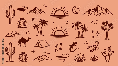 Desert landscape icons and symbols including cactus camel scorpion and mountains under sun and moon stylized line art