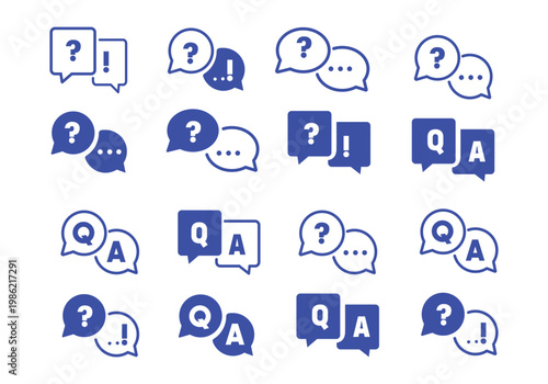 Question and answer icon set. Chat, speak bubble, Q and A, ask, support, dialog, help center symbol on white background - stock vector.