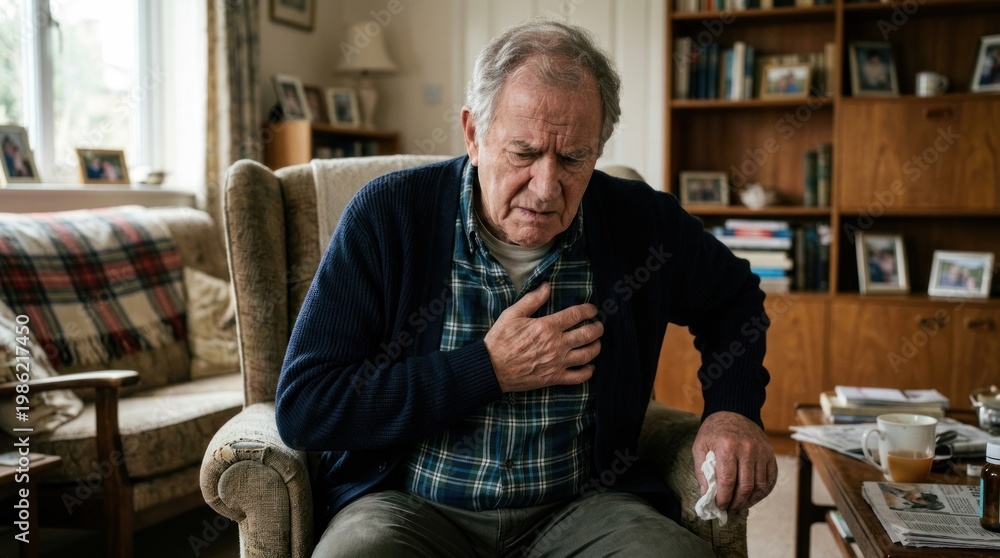 Fototapeta premium An elderly man sits in an armchair, clutching his chest and holding a tissue. He appears to be experiencing chest pain.