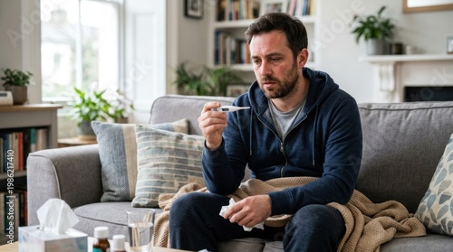 A man sits on a gray couch, holding a thermometer and looking unwell. He is wearing a blue hoodie and appears to be experiencing a fever.