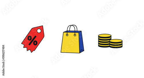 Collection of colorful shopping icons for discounts, payments, and retail commerce