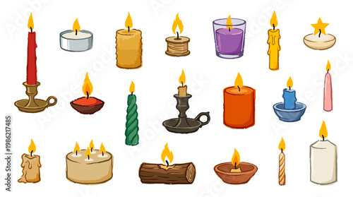 Collection of diverse burning candles in various shapes sizes and colors creating a warm and inviting atmosphere for celebration decoration and ambiance