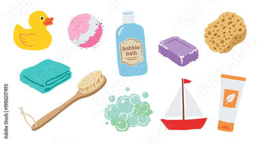 Collection of colorful bath time essentials for children including a rubber ducky soap bubbles towel and bath toys for a fun clean routine