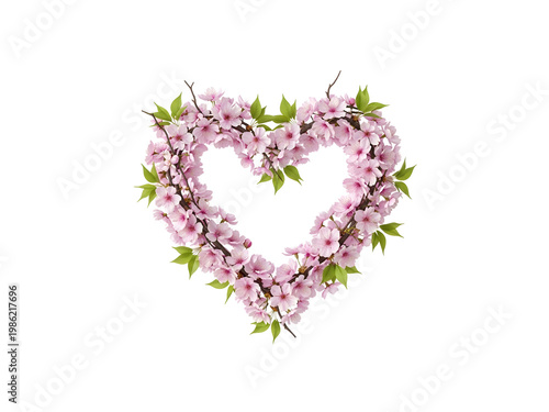 Heart shaped pink cherry blossom flowers with green leaves isolated on transparent background transparent background