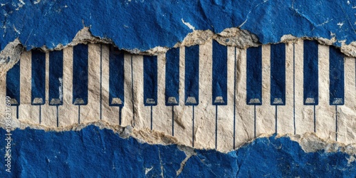 Vintage Blue Book Cover with Piano Keys Pattern and Torn Paper Collage Element