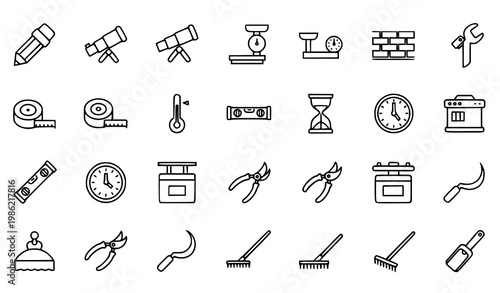 Thin stroke minimal icon set with tools measurement and gardening outline symbols for web and UI design