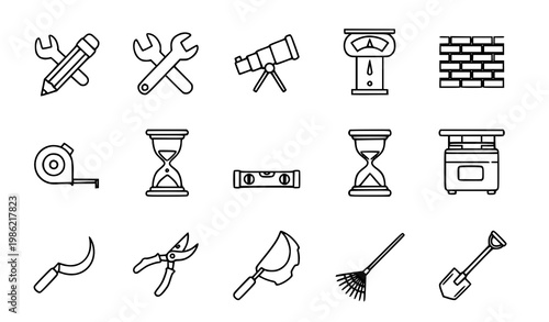 Modern outline icon collection with tools construction and gardening equipment in thin line style vector