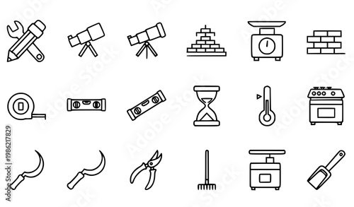 Minimal thin line tool and measurement icon set with construction gardening and utility outline symbols vector