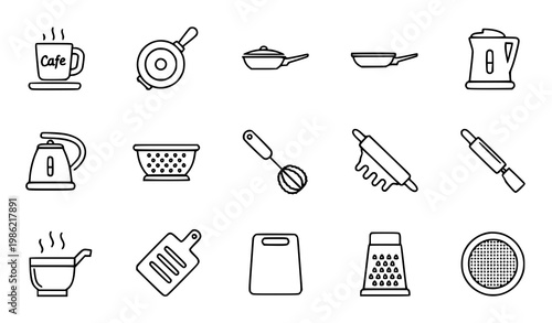 Minimal thin line kitchen and cafe icon set with cooking tools outline symbols vector