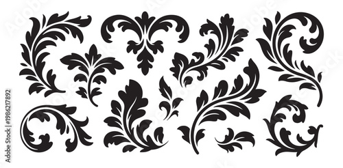 Damask floral patterns with baroque scroll elements and vintage classic foliage silhouettes