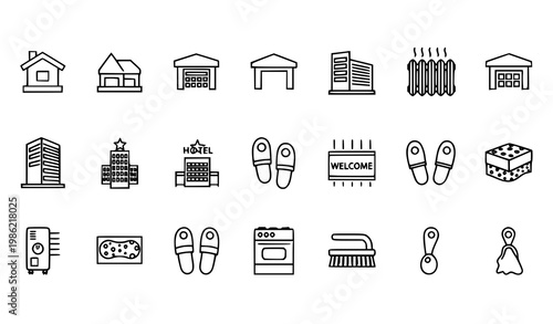 Thin stroke minimal icon set with home architecture and cleaning outline symbols for UI and real estate design