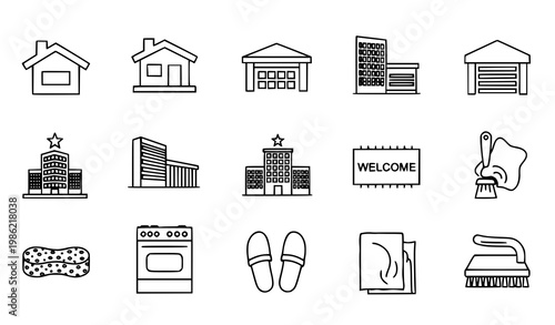 Modern outline icon collection with home architecture and cleaning symbols in thin line style vector