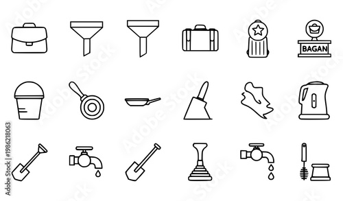Minimal thin line household travel and cleaning icon set with utility and kitchen outline symbols vector