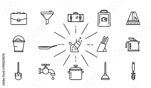 Modern outline icon collection with travel cleaning and kitchen tools in thin line style vector