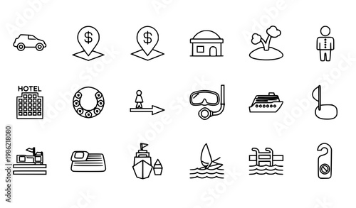 Thin stroke minimal travel icon set with resort tourism and vacation outline symbols for UI design